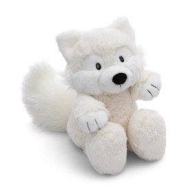 Ein weißer Plüsch-Fuchs mit schwarzen Augen und Nase sitzt aufrecht vor weißem Hintergrund.