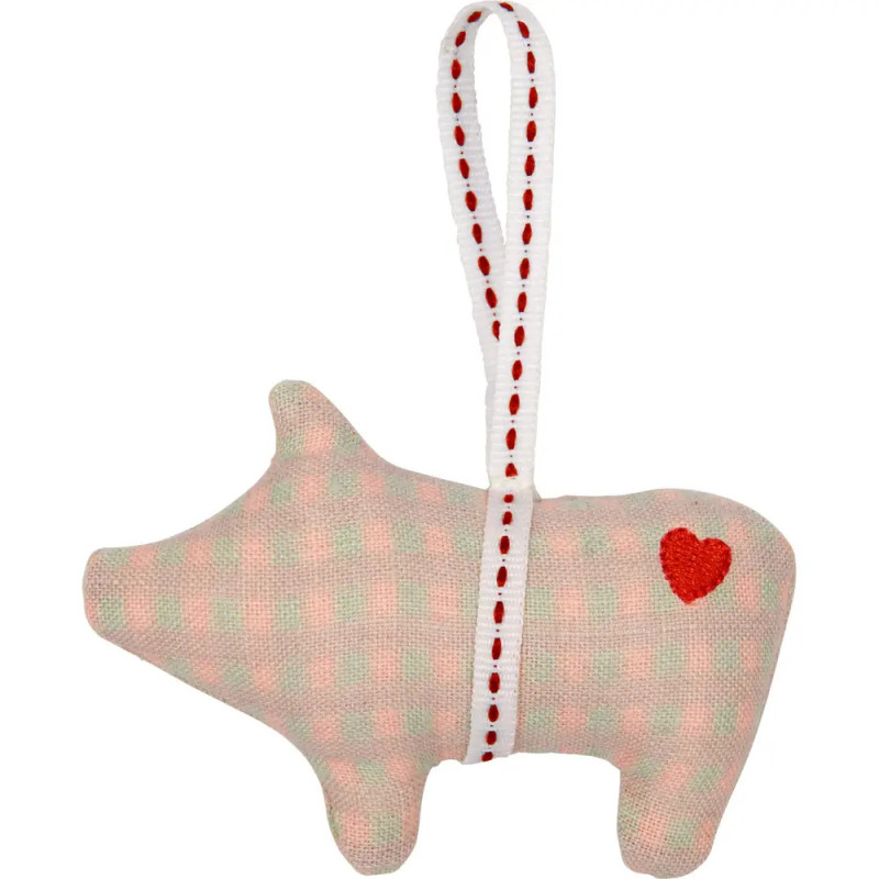 Stoff-Schweineanhänger mit rotem Herz und weißer Aufhängeschleife.