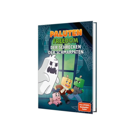 Buchcover von Paluten Freedom: Der Schrecken der Schmarpaten mit Comicfiguren, die vor einem Geist fliehen.