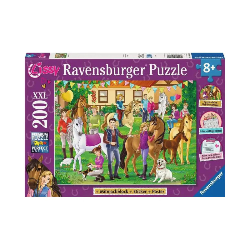 Bunte Ravensburger Lissy Pferdepuzzle-Box mit 200 Teilen, Motiv: Menschen, Pferde, Luftballons und Partydeko. Bunte Ravensburger Lissy Pferdepuzzle-Box mit 200 Teilen, Motiv: Menschen, Pferde, Luftballons und Partydeko.
