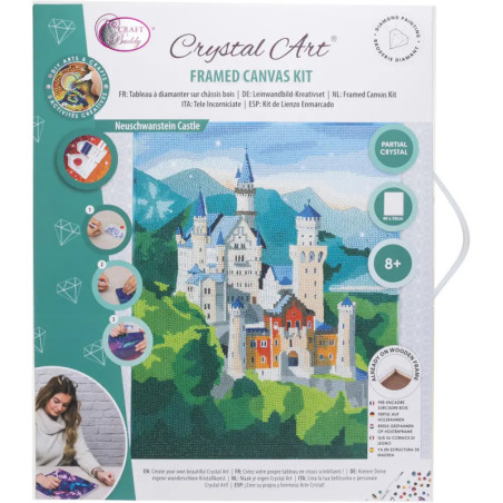 Crystal Art Framed Canvas Kit mit Diamantbild von Schloss Neuschwanstein auf der Verpackung.