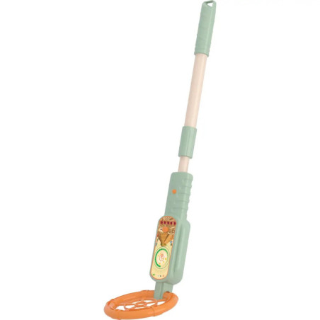 Spielzeug-Metalldetektor mit grünem Griff und orangefarbenem, rundem Sensor am unteren Ende.