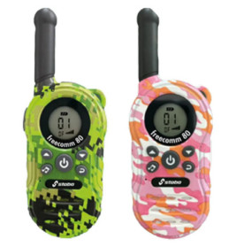 Zwei Walkie-Talkies, eines in grüner Tarnung, eines in pinker Tarnung, beide mit Display und Antenne.