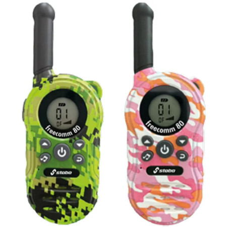 Zwei Walkie-Talkies, eines in grüner Tarnung, eines in pinker Tarnung, beide mit Display und Antenne.