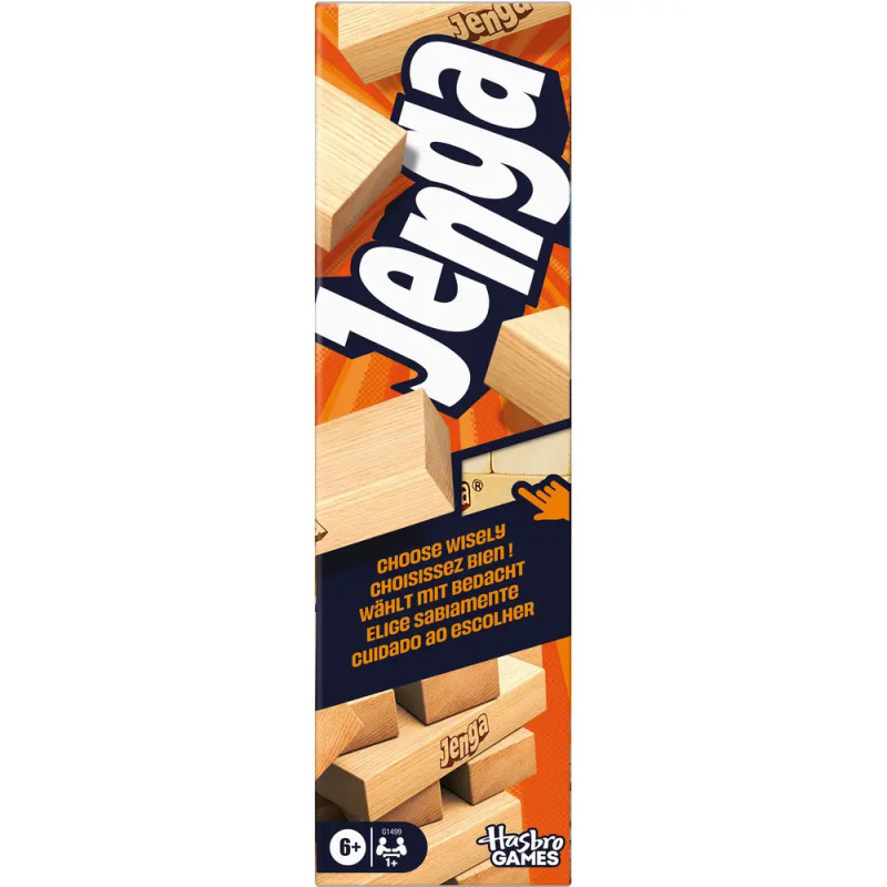 Jenga-Spielbox mit fallenden Klötzen, mehrsprachigem Text und Altersempfehlung ab 6 Jahren von Hasbro Games.