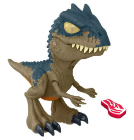 Blau-braune Dinosaurierfigur steht neben einem kleinen rot-weißen Spielzeug-Steak.