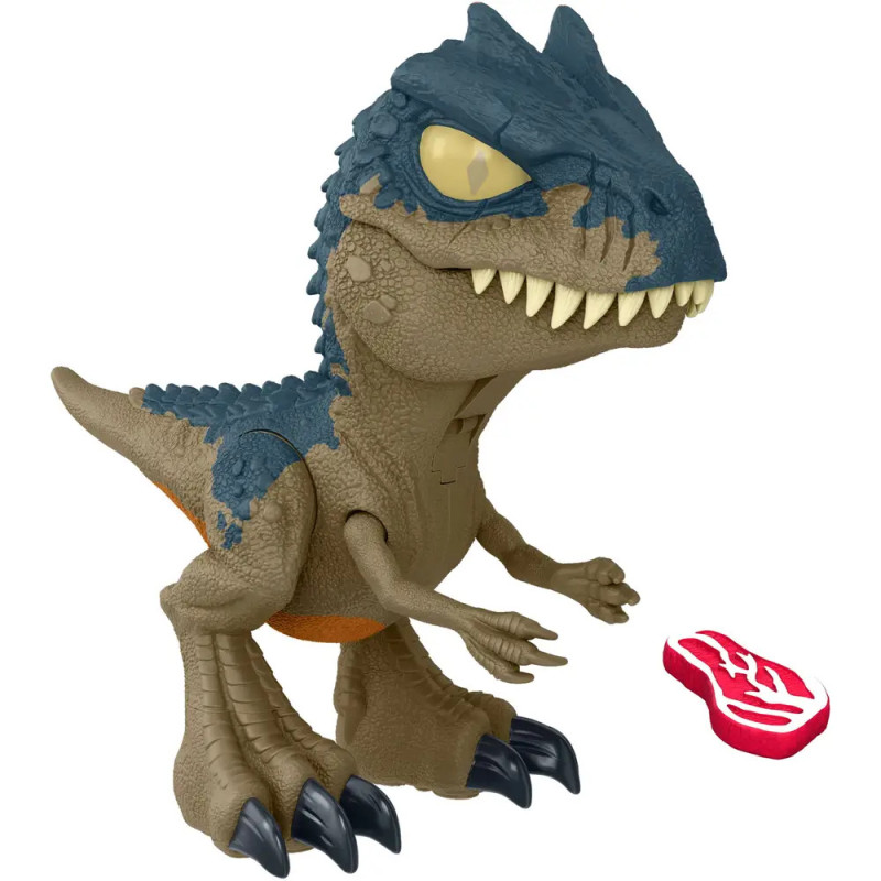 Blau-braune Dinosaurierfigur steht neben einem kleinen rot-weißen Spielzeug-Steak. Blau-braune Dinosaurierfigur steht neben einem kleinen rot-weißen Spielzeug-Steak.