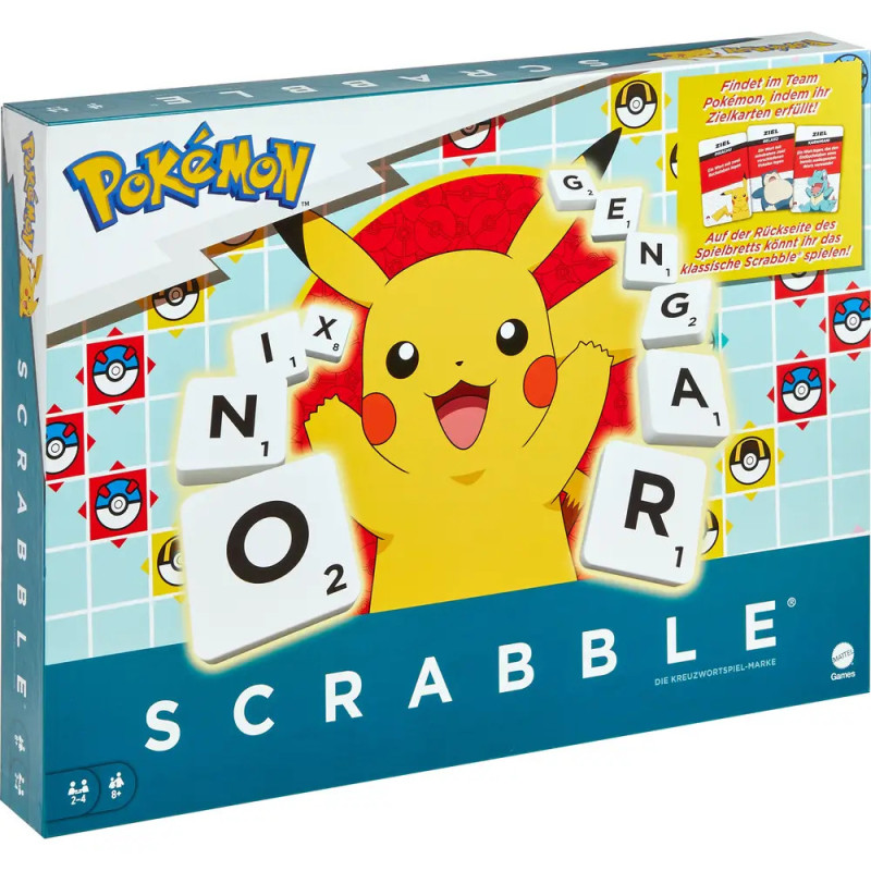 Pokémon-Scrabble-Spielbox mit Pikachu und Buchstabensteinen auf blauem Hintergrund.