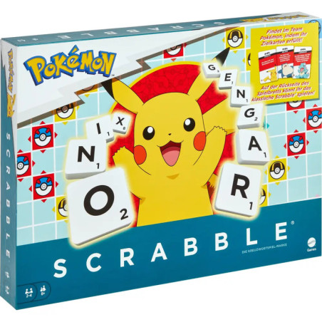 Pokémon-Scrabble-Spielbox mit Pikachu und Buchstabensteinen auf blauem Hintergrund.