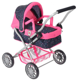Pinker und dunkelblauer Puppenwagen mit Punkten, silbernem Gestell und vier Rädern.