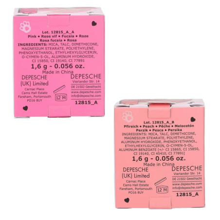 Zwei rosa Make-up-Boxen mit mehrsprachigen Listen von Inhaltsstoffen und Produktdetails auf jeder Verpackung.