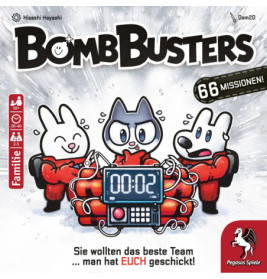 Drei Comic-Tiere mit Bombentimer schauen ängstlich Text: Bomb Busters und Spieldetails.
