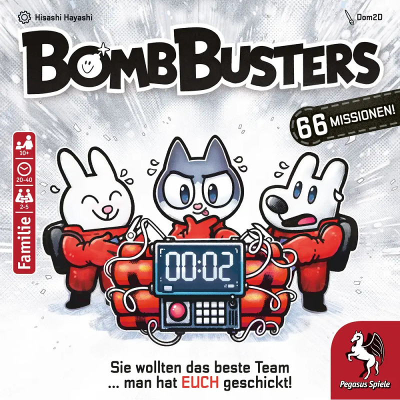 Drei Comic-Tiere mit Bombentimer schauen ängstlich Text: Bomb Busters und Spieldetails.