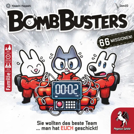Drei Comic-Tiere mit Bombentimer schauen ängstlich Text: Bomb Busters und Spieldetails.
