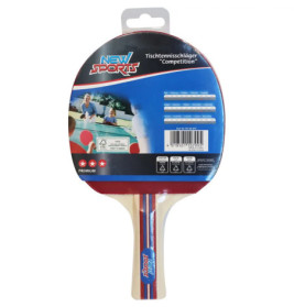 Tischtennisschläger in Verpackung mit der Aufschrift New Sports sowie Bildern und Text auf der Rückseite.