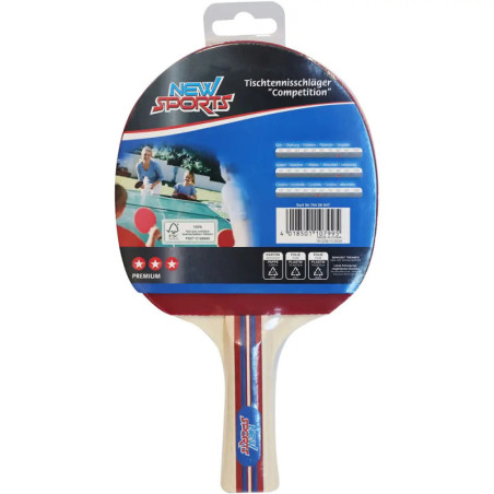 Tischtennisschläger in Verpackung mit der Aufschrift New Sports sowie Bildern und Text auf der Rückseite.
