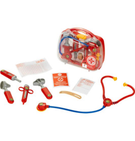 Arztkoffer-Spielset mit roten Instrumenten, Verband, Tafel und Stethoskop neben transparenter Tragetasche.