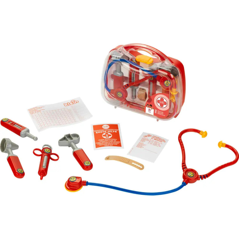 Arztkoffer-Spielset mit roten Instrumenten, Verband, Tafel und Stethoskop neben transparenter Tragetasche.