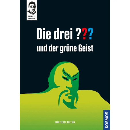 Buchcover mit grünem, stilisiertem Gesicht, Titel: Die drei ?? und der grüne Geist, blau-gelbe Akzente.