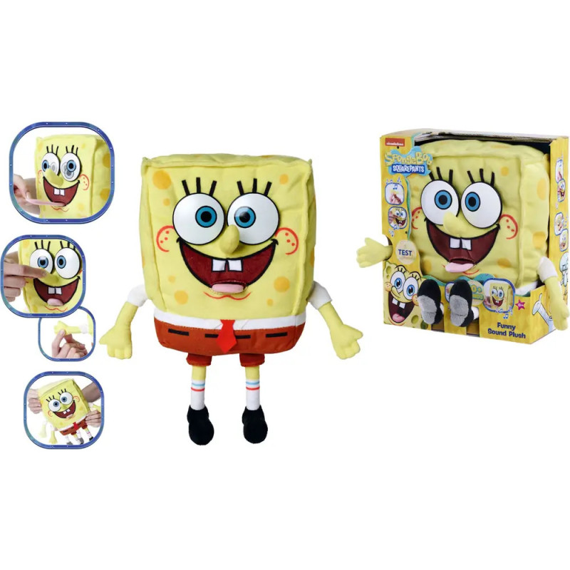 Plüschfigur SpongeBob mit beweglichem Mund neben bunter Verpackung und Demo-Bildern. Plüschfigur SpongeBob mit beweglichem Mund neben bunter Verpackung und Demo-Bildern.