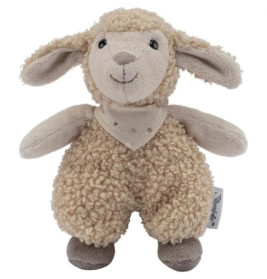 Ein Plüschlamm mit Schlappohren, gesticktem Lächeln und hellbraunem, lockigem Fell.