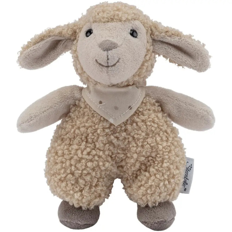 Ein Plüschlamm mit Schlappohren, gesticktem Lächeln und hellbraunem, lockigem Fell.