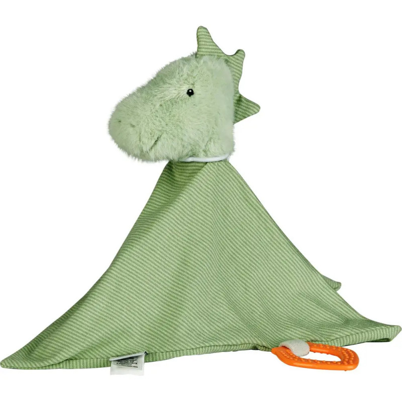 Grünes Dino-Schmusetuch mit strukturierter Oberfläche und einem orangefarbenen Ring an einer Ecke.