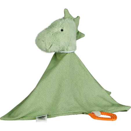 Grünes Dino-Schmusetuch mit strukturierter Oberfläche und einem orangefarbenen Ring an einer Ecke.