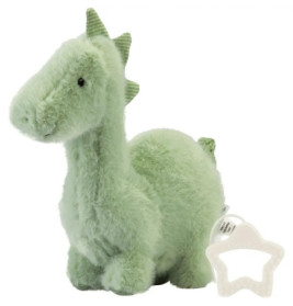 Hellgrünes Plüsch-Dinosaurier-Spielzeug mit strukturiertem, sternförmigem Beißring daneben.