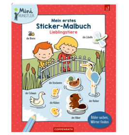 Zwei Kinder auf einer Brücke, umgeben von gezeichneten Tieren an einem Teich, alles mit deutschen Beschriftungen.