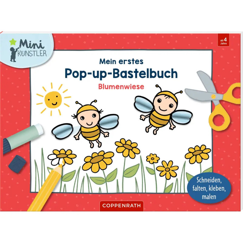 Kindersachbuch-Cover mit Bienen, Blumen, Sonne, Schere und Stiften auf rotem Hintergrund mit weißen Punkten.