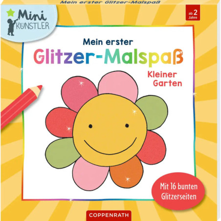 Einband eines Malbuchs: lächelnde Blume, roter Buntstift, Titel Mein erster Glitzer-Malspaß.