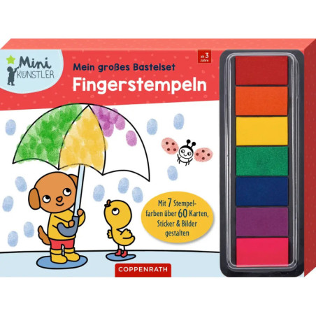 Fingerstempelkasten mit bunten Stempelkissen, Cartoon-Tieren und einem Regenbogen-Schirm auf dem Deckel. Fingerstempelkasten mit bunten Stempelkissen, Cartoon-Tieren und einem Regenbogen-Schirm auf dem Deckel.