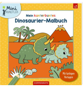 Cartoon-Dinosaurier in bunter Urzeitlandschaft auf dem Cover eines deutschen Dinosaurier-Malbuchs.