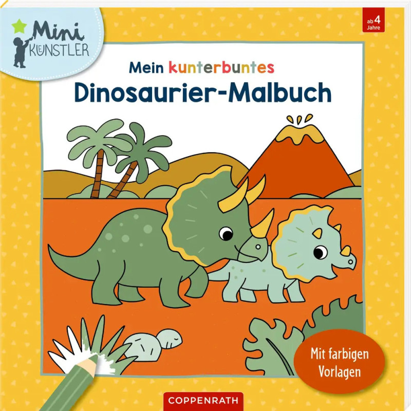 Cartoon-Dinosaurier in bunter Urzeitlandschaft auf dem Cover eines deutschen Dinosaurier-Malbuchs.