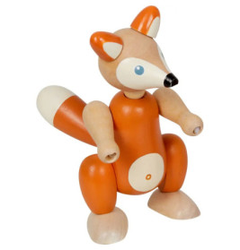 Holzspielzeug-Fuchs mit orangenen und cremefarbenen Teilen, beweglichen Gliedern und verspieltem, comicartigem Look.