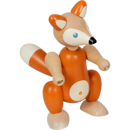 Holzspielzeug-Fuchs mit orangenen und cremefarbenen Teilen, beweglichen Gliedern und verspieltem, comicartigem Look.