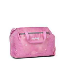 Pinkfarbene Sporttasche mit Sternenmuster, Fronttasche und ergobag-Logo vor weißem Hintergrund.