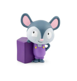 Cartoon-Maus in lila Latzhose steht neben einem lila Rechteck auf weißem Hintergrund.