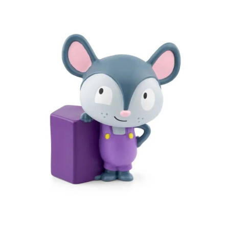 Cartoon-Maus in lila Latzhose steht neben einem lila Rechteck auf weißem Hintergrund.