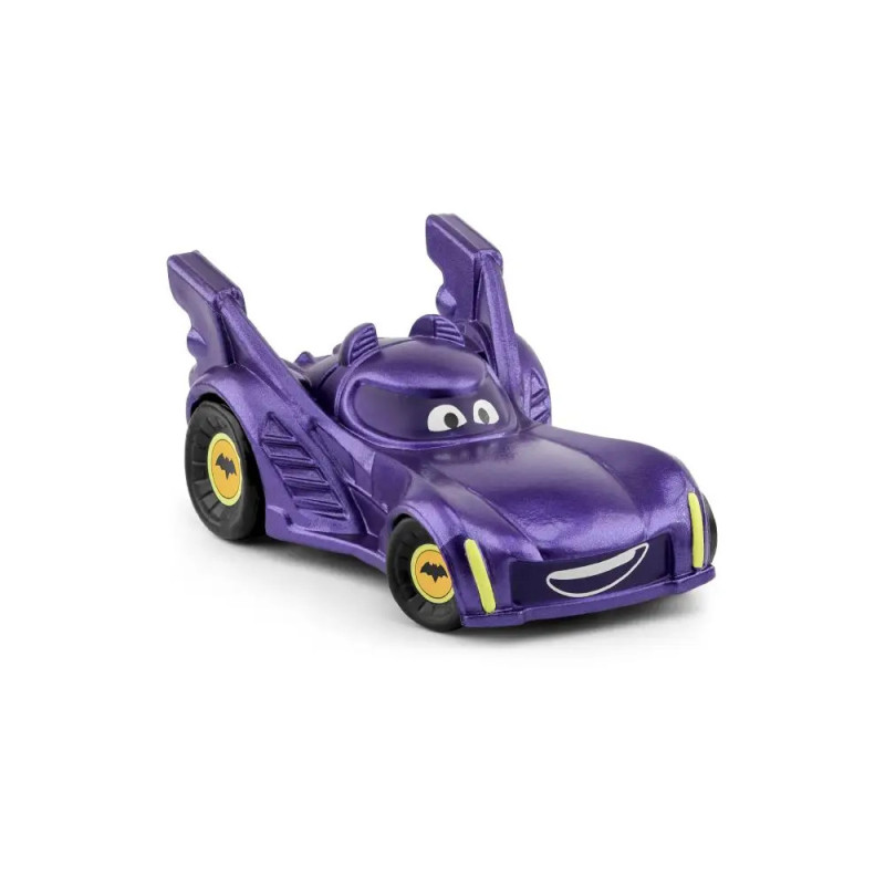 Lila Spielzeugauto mit Comic-Augen, lächelndem Mund und gelben Fledermaus-Symbolen auf den Rädern.