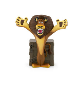 Cartoon-Löwenfigur mit offenen Armen vor einer Holzkiste mit der Aufschrift Lion und Danger.