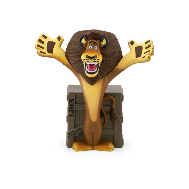 Cartoon-Löwenfigur mit offenen Armen vor einer Holzkiste mit der Aufschrift Lion und Danger.