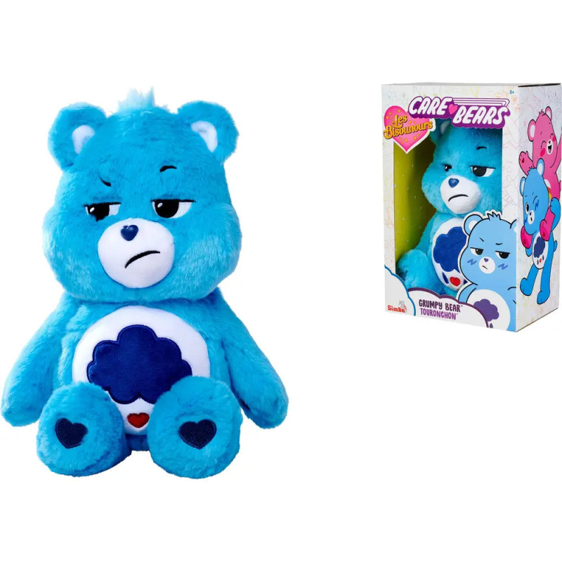 Der blaue Grumpy Bear Plüschbär aus der Care Bears-Serie vor und in seiner bunten Verpackung. Der blaue Grumpy Bear Plüschbär aus der Care Bears-Serie vor und in seiner bunten Verpackung.