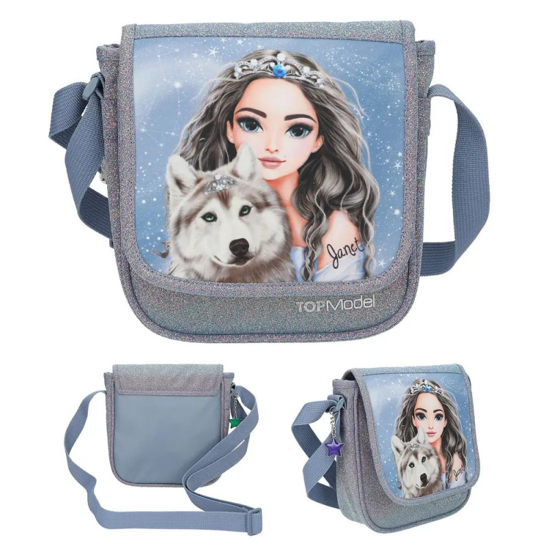Graue Umhängetasche mit Cartoon-Mädchen, Tiara und Wolf auf der Klappe, blauem Gurt und Glitzerdetails. Graue Umhängetasche mit Cartoon-Mädchen, Tiara und Wolf auf der Klappe, blauem Gurt und Glitzerdetails.