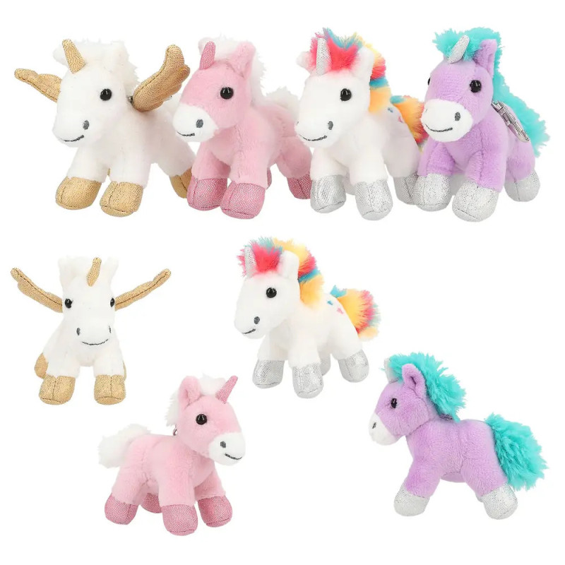 Sieben Plüscheinhörner in Weiß, Pink und Lila mit glitzernden Hufen und Mähnen.