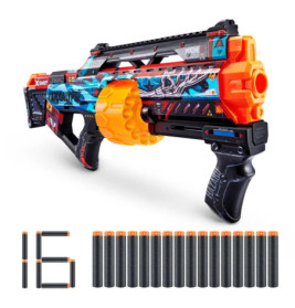 Bunter Dart-Blaster mit orangener Trommel, schwarzem Griff und 16 darunter liegenden Schaumstoffpfeilen.