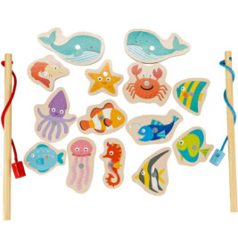 Holz-Angelspiel mit bunten Meerestieren, zwei Angeln und magnetischen Ozeanbewohnern.