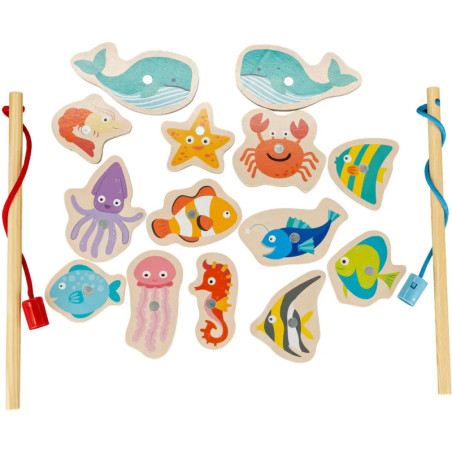 Holz-Angelspiel mit bunten Meerestieren, zwei Angeln und magnetischen Ozeanbewohnern.