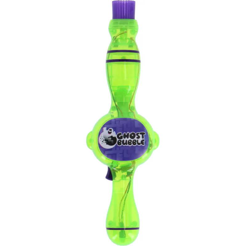 Grünes Ghost Bubble Spielzeug mit violetter Bürste und rundem Etikett in der Mitte. Grünes Ghost Bubble Spielzeug mit violetter Bürste und rundem Etikett in der Mitte.